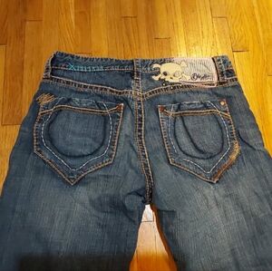 Blue Tattoo Men Jeans Bootcut Skull Emblem Stitched Buttonfly Sz 34 Made in USA